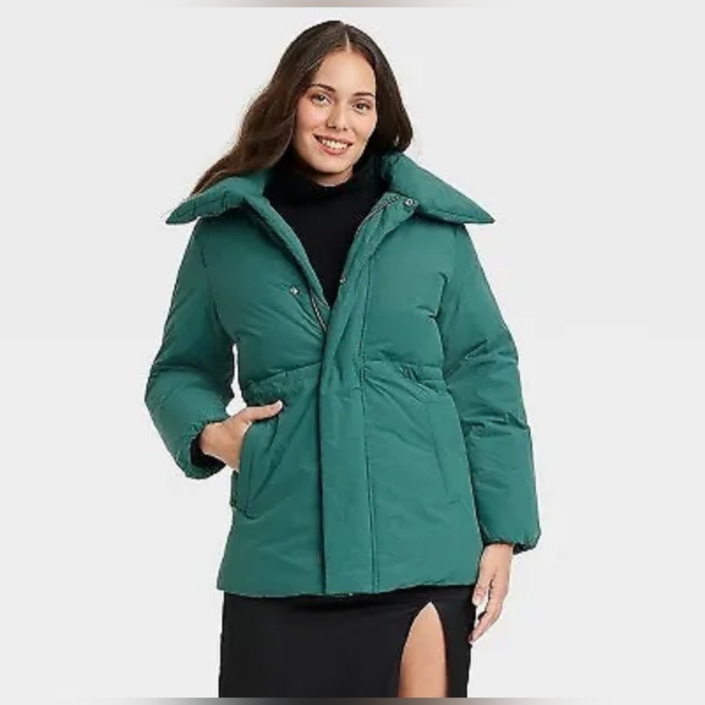 Women's Mid Length Relaxed Puffer Jacket - A New Day Teal Green XL